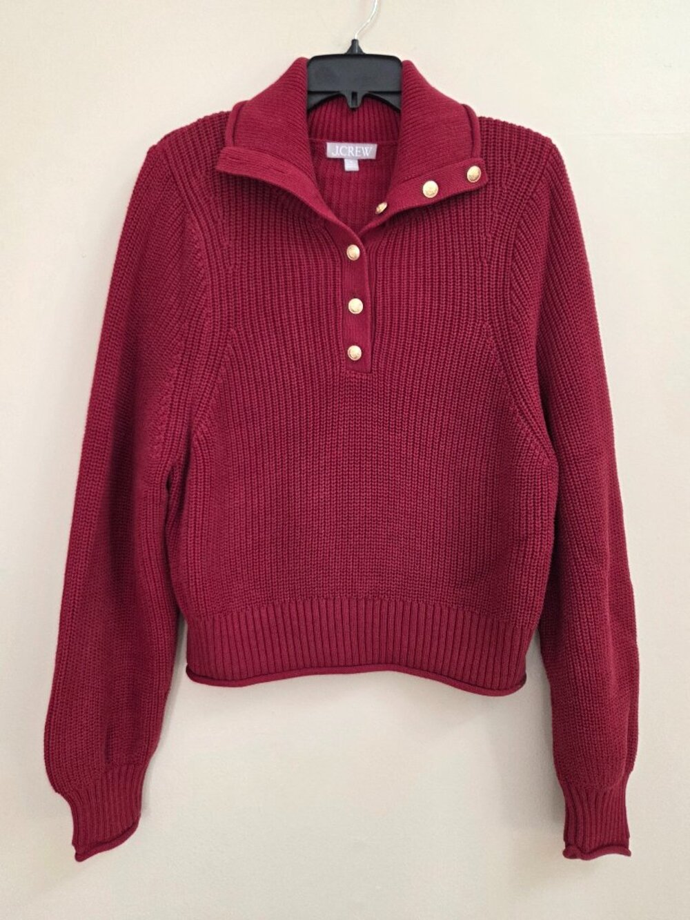 J.CREW Women’s Size M Sweater Cotton Burgundy Button Collar Chunky Knit Coastal